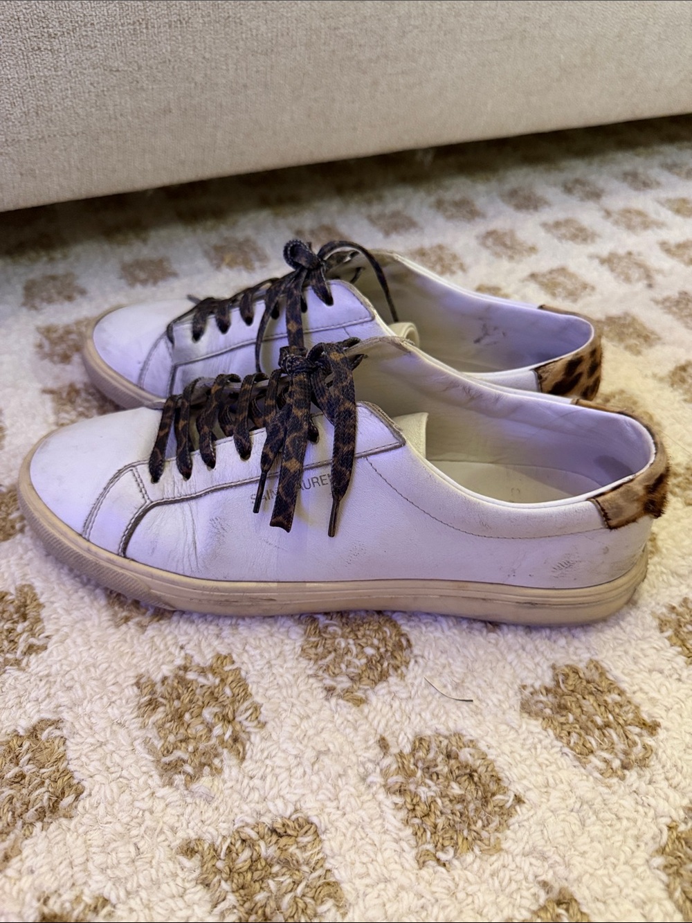 Saint Laurent White Leather Sneakers with Leopard Heel and Laces